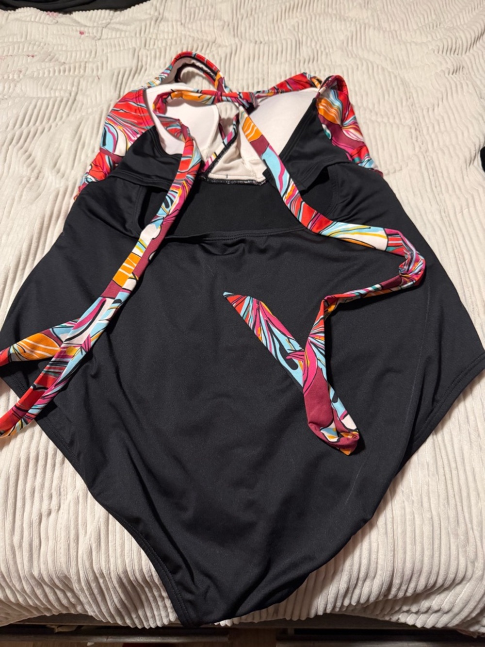 Black One-Piece Swimsuit with Multicolor Strappy Accents